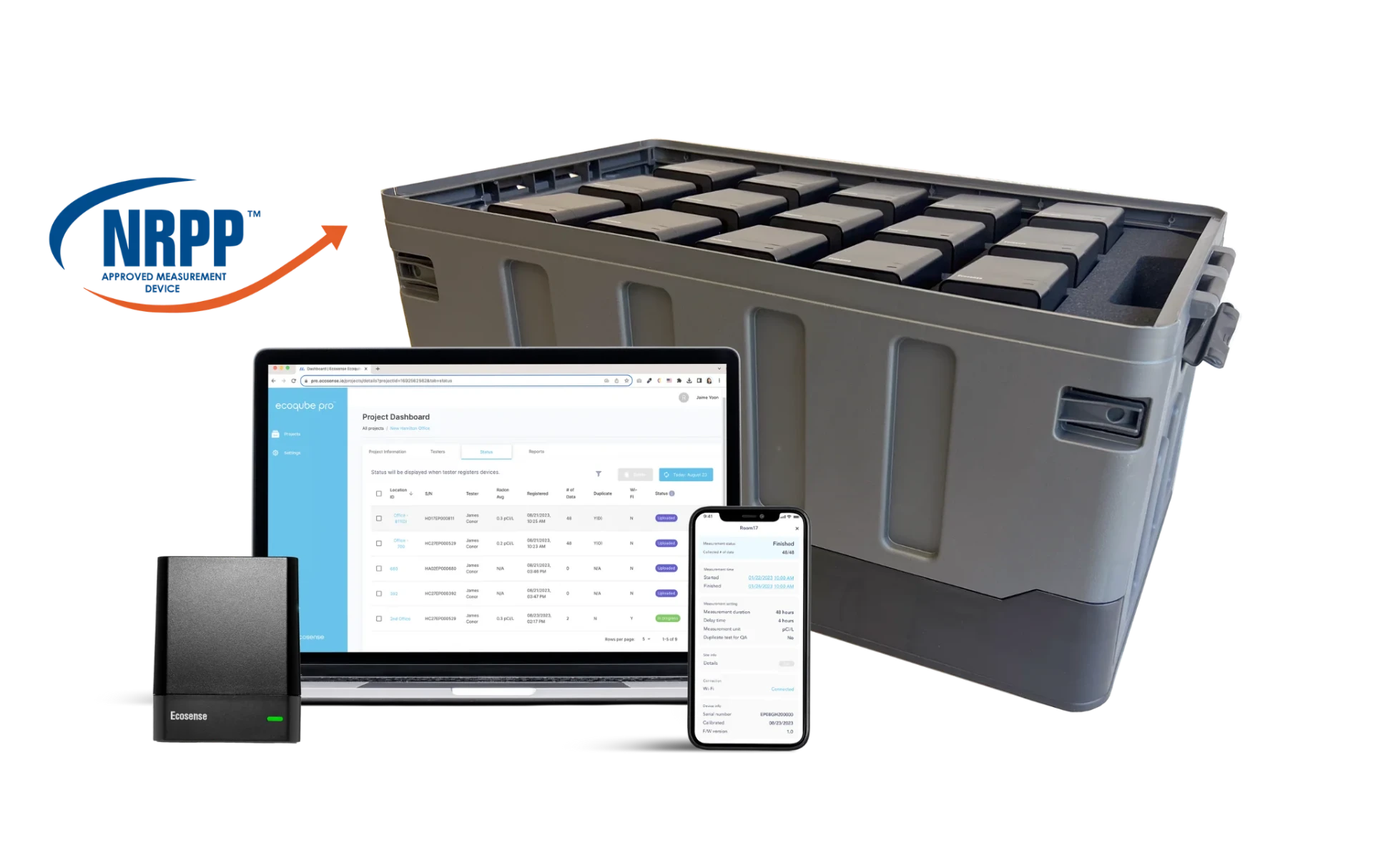EcoQube Pro continuous radon monitor kit with NRPP-approved devices, project dashboard on laptop, and mobile app